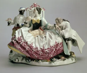 Dame mit Schoßhund, Mann und Schwarzem Diener, 1737